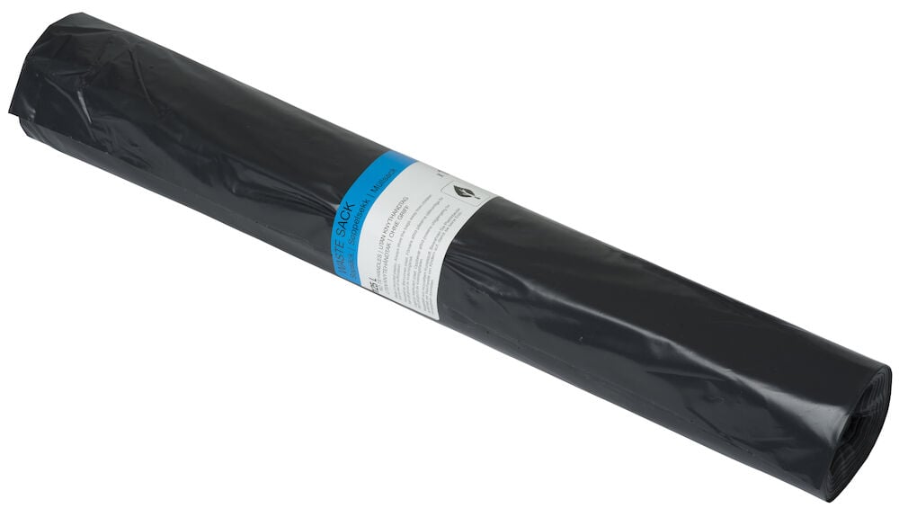 En rulle svarta sopsäckar med etikett.