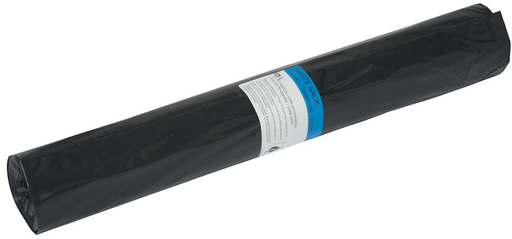 En rulle svarta sopsäckar med etikett.