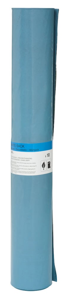 Rulla sinisiä roskapusseja, joissa on valkoinen etiketti.