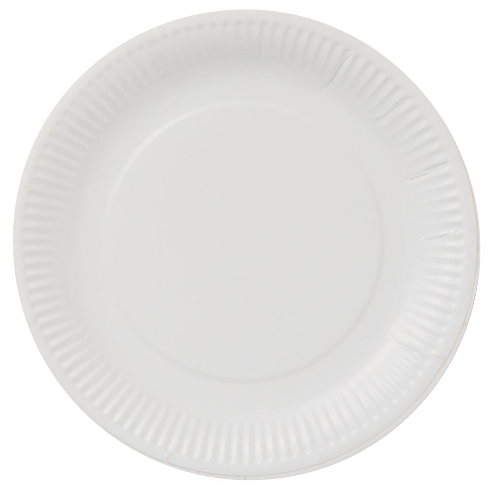 Valkoinen paperilautanen, jossa on uurrettu reuna, 23 cm.