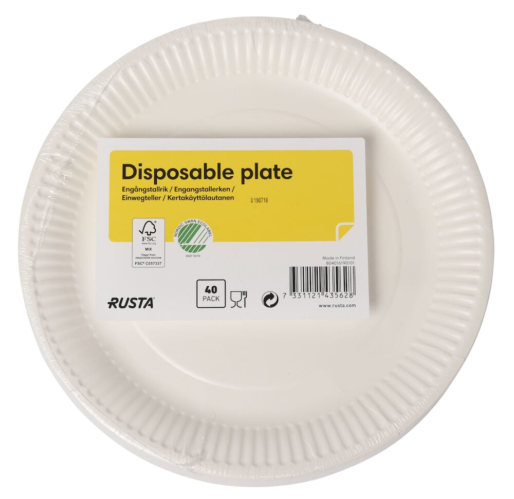 Hvit papptallerken med riflet kant og etikett.