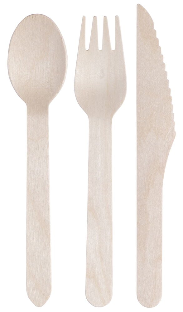 En skje, gaffel og kniv i lyst tre.