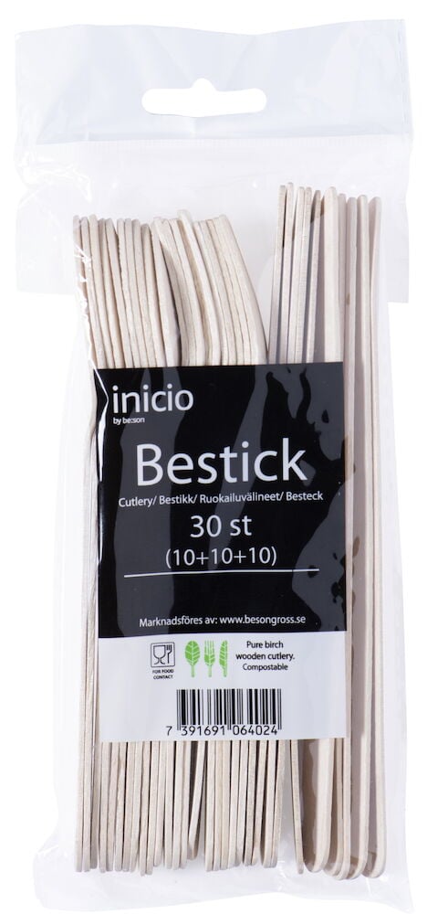 Puuinen aterinsetti kirkkaassa muovipakkauksessa.