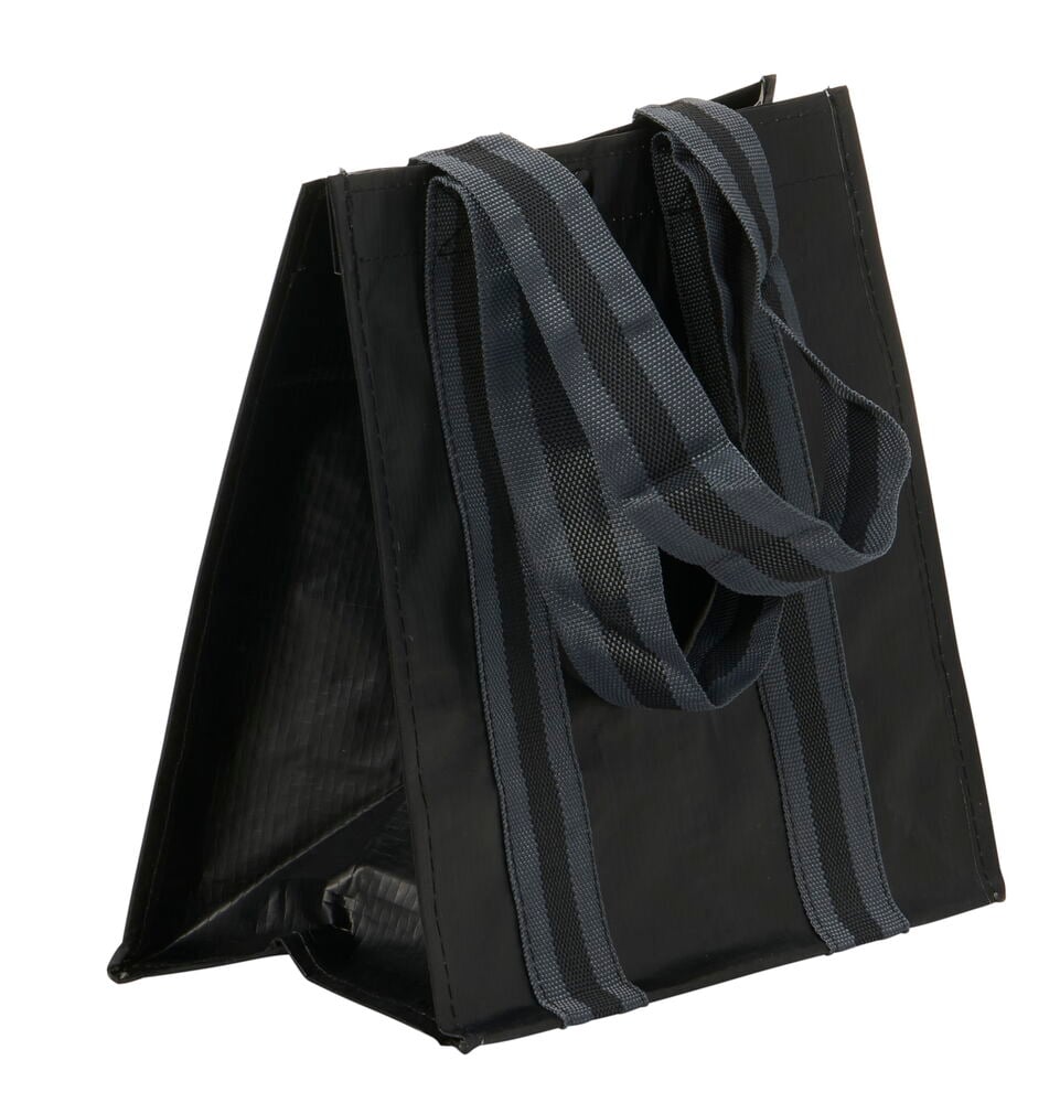 Musta lounaslaukku, jossa on harmaat kahvat.