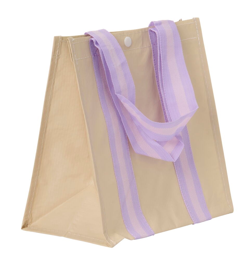 Beige lounaslaukku, jossa violetit kahvat.