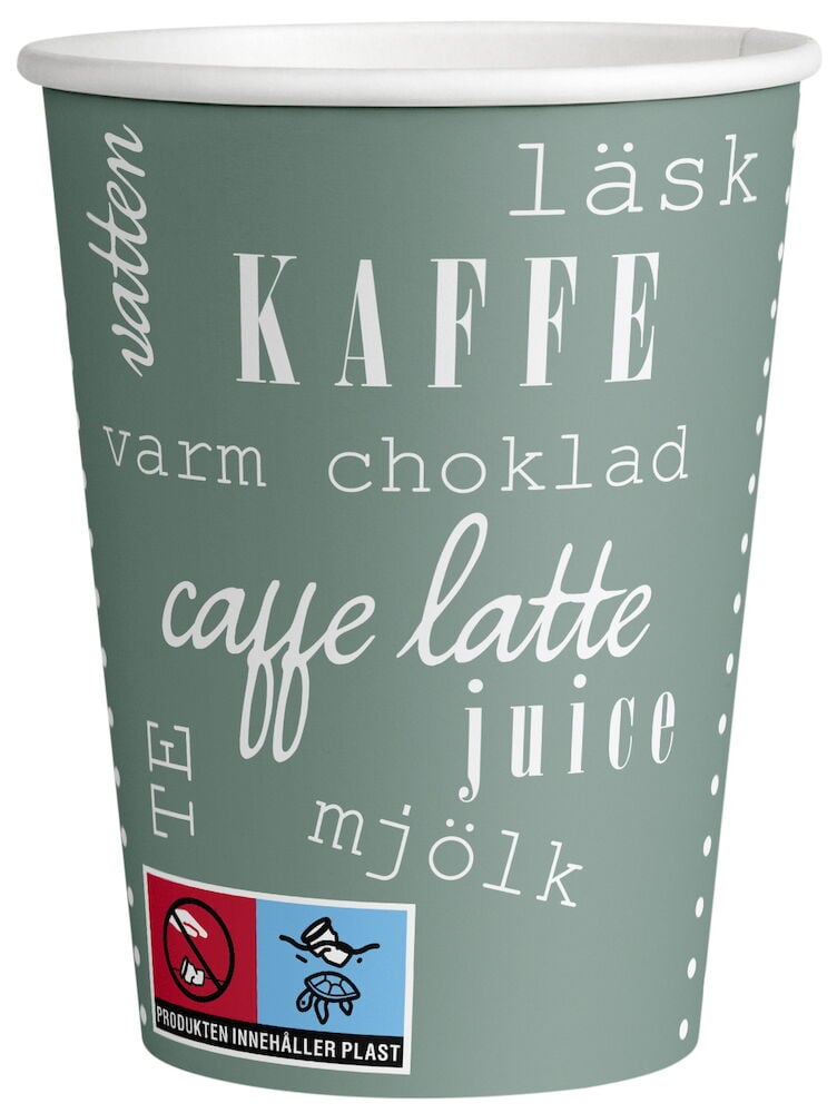 Grønn papirkopp med tekst for ulike drikker.