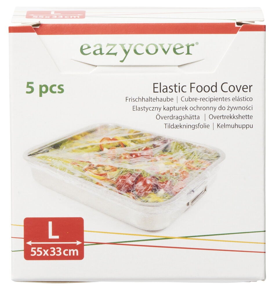 Förpackning med elastiska överdragshättor för matförvaring.