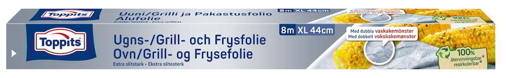 En blå kartong med aluminiumsfolie Toppits 8 meter.