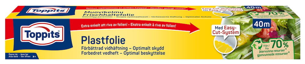 Gul pakning Toppits plastfolie med blå logo.