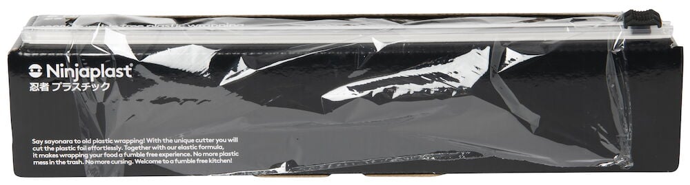 Svart låda med genomskinlig plastfolie framdragen.