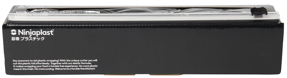 Svart låda med transparent plastfolie och skärmekanism.