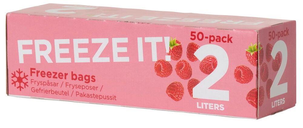 Rosa eske med tekst og bringebærmotiv for fryseposer.