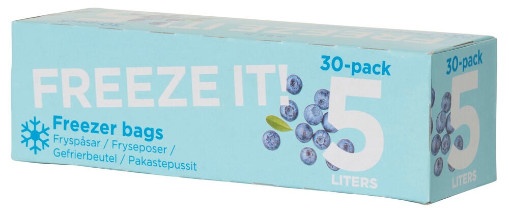 Blå pakke med tekst og blåbærmotiv.