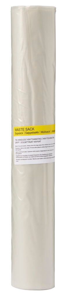 En rulle med genomskinliga sopsäckar och etikett.