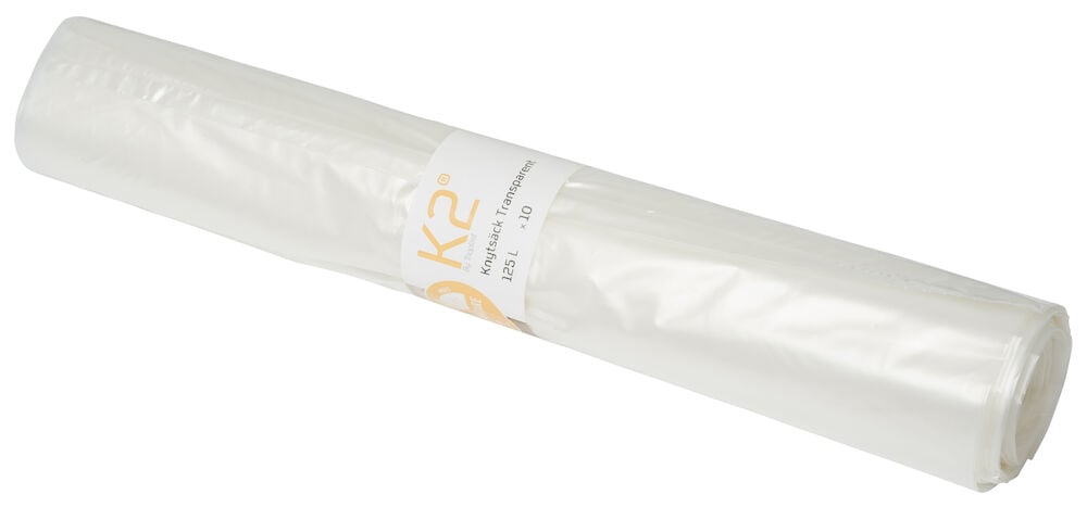 Eine Rolle transparente Müllsäcke aus Plastik.