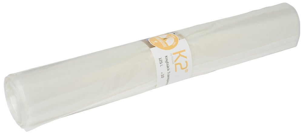 Eine Rolle transparente Müllsäcke mit Etikett.