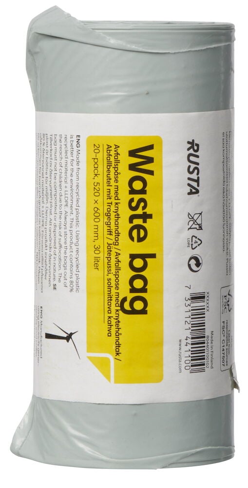 Eine Rolle graue Müllbeutel mit weißem Etikett.