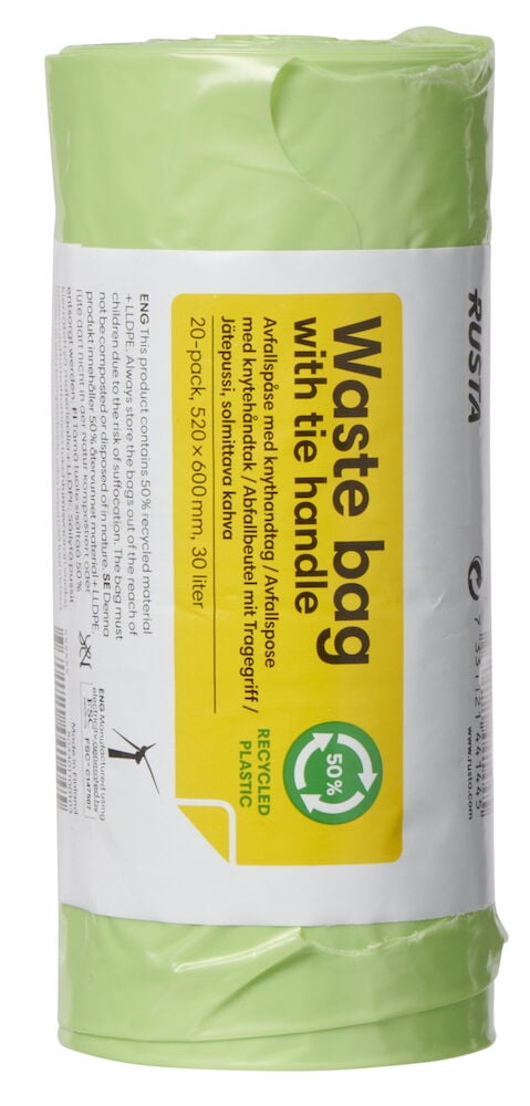 Grüne Neonavfallsbeutelrolle mit Griffen und Etikett.