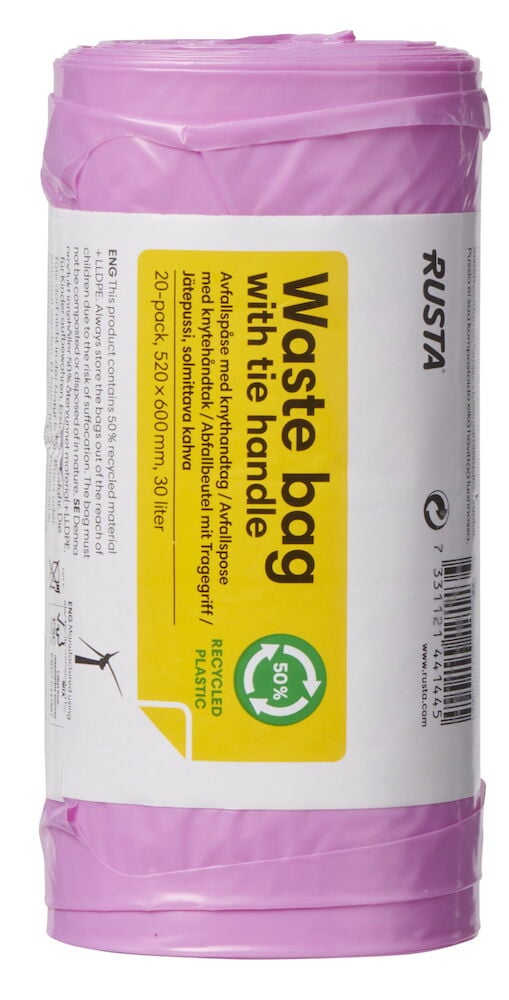 Rosa Rolle mit Abfallbeuteln und Griffen.