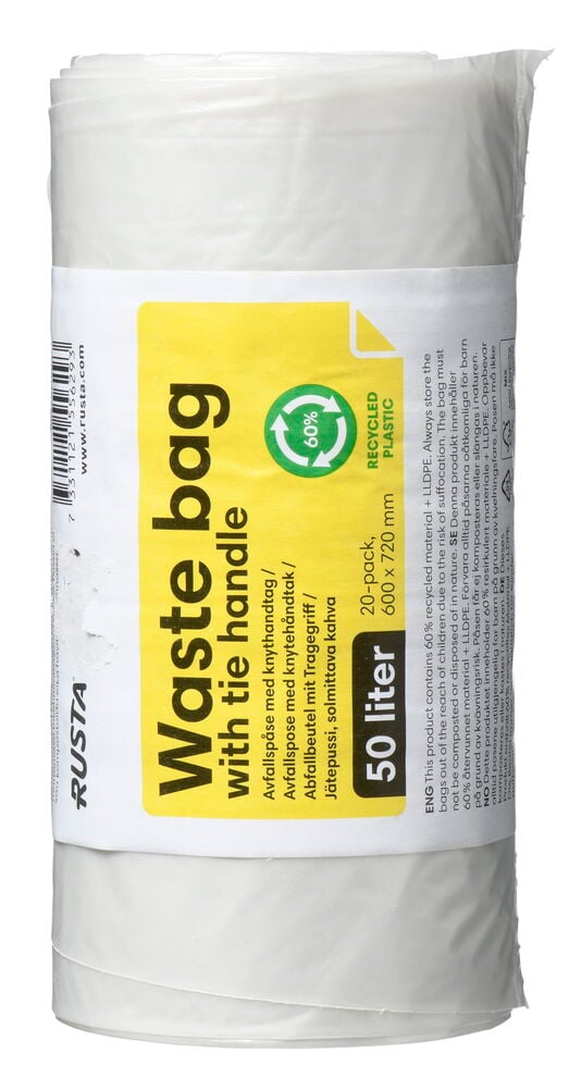 En vit rulle soppåsar med etikett från Rusta.