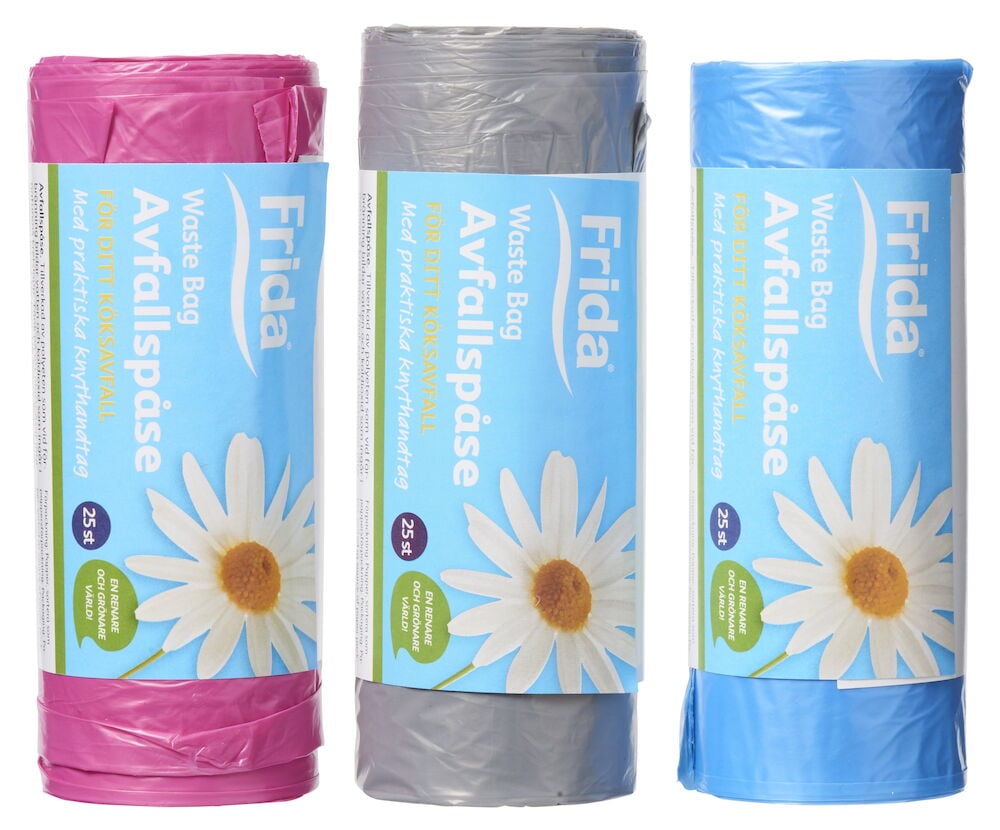 Tre rullar avfallspåsar i rosa grå och blå.