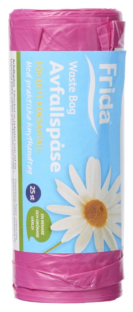 Rulla, jossa on vaaleanpunaisia jätepussit ja sininen etiketti.