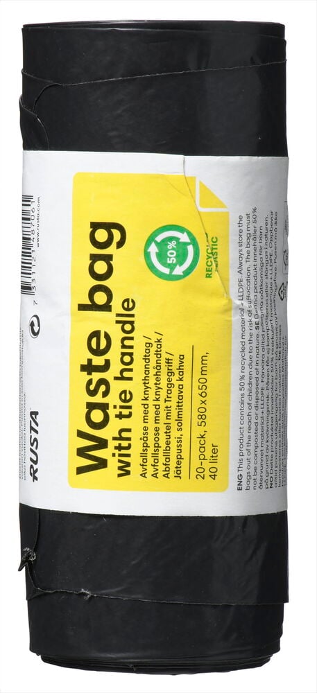 Rulle av svarta soppåsar med etikettdetaljer.