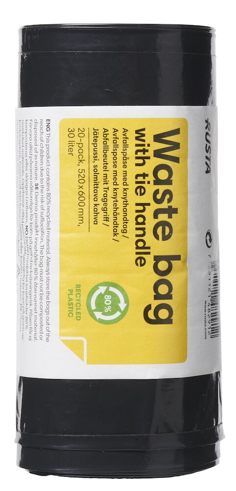 Musta jätesäkki solmukahvalla, 30 litraa.