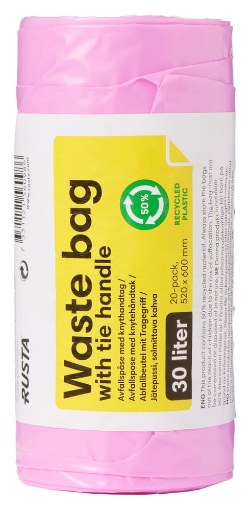 Rosa rulle av avfallspåsar med etikett.