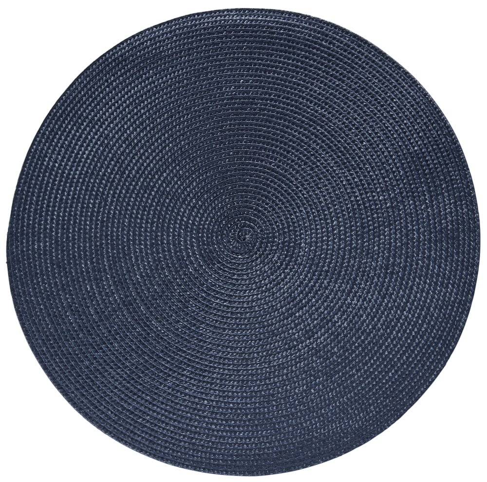 Pyöreä tummansininen pöytätabletti kudotusta muovista.