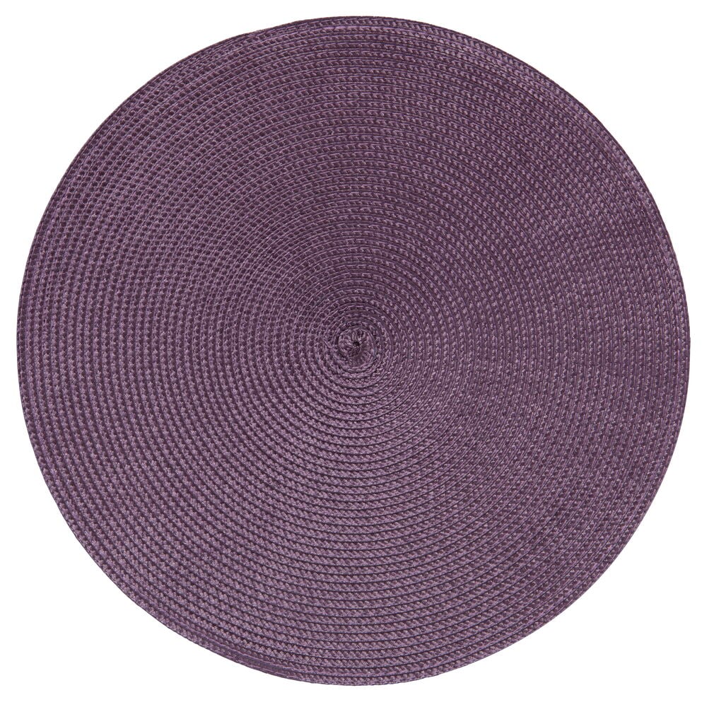 Pyöreä luumunvärinen pöytätabletti, joka on valmistettu kudotusta muovista.