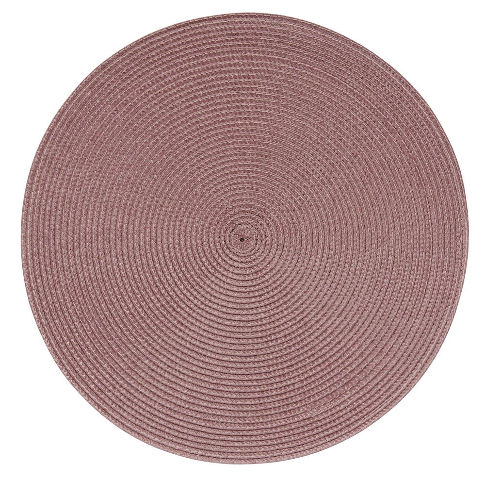 Pyöreä marjavärinen pöytätabletti punotusta muovista.