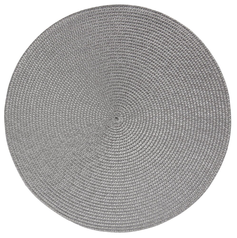 Pyöreä vaaleanharmaa pöytätabletti punotusta muovista.