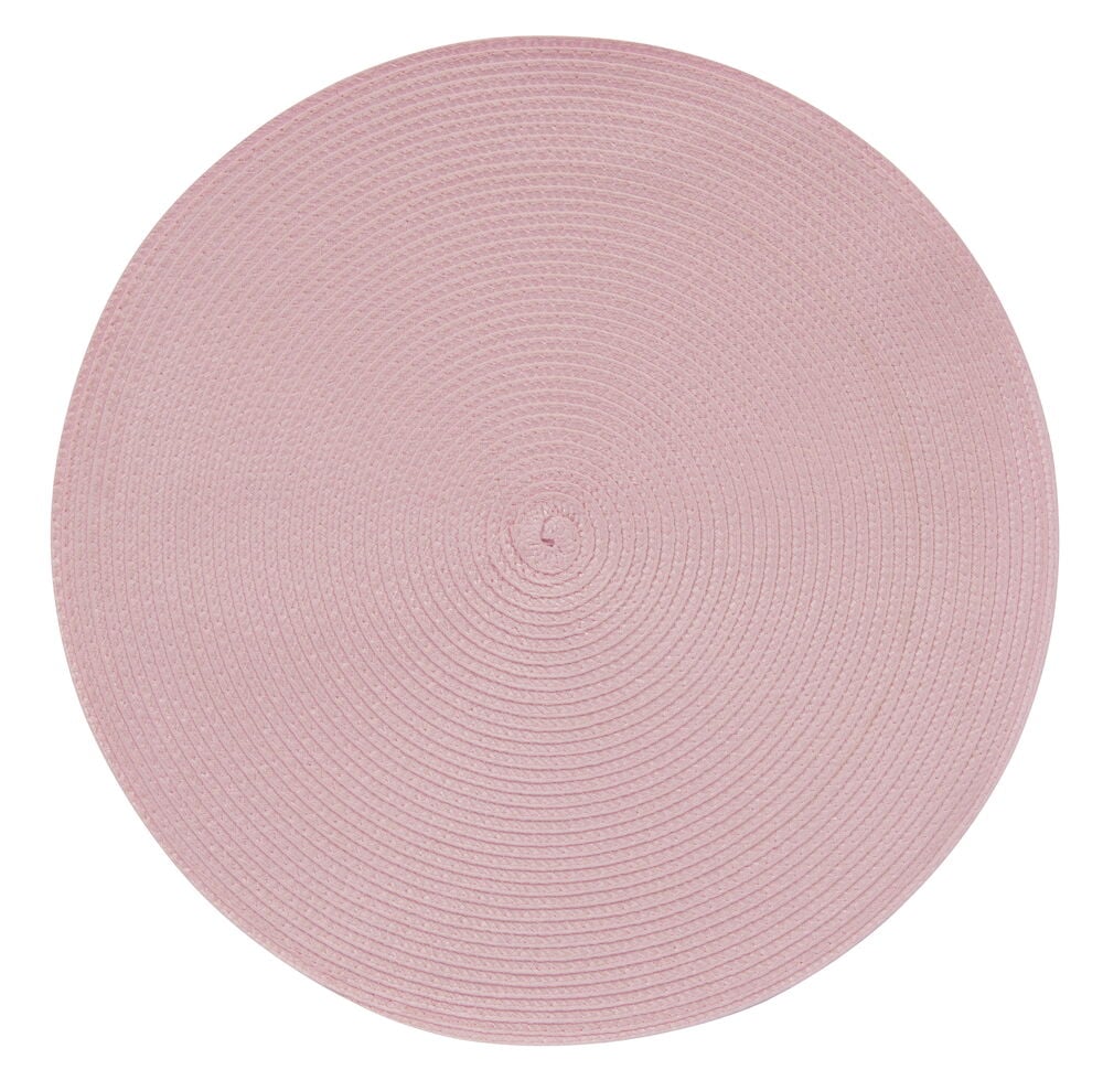 Pyöreä vaaleanpunainen pöytätabletti punotusta muovista.