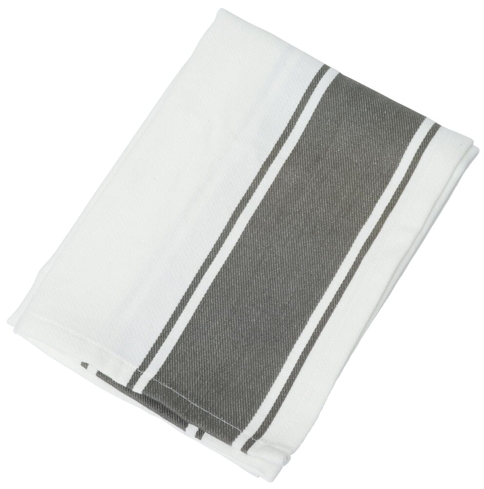 Gewichtete Küchentücher aus grauem und weißem Baumwollstoff.