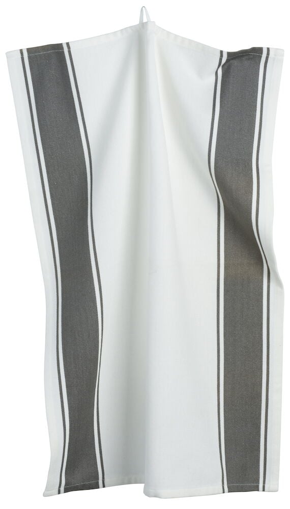 Granitgrå kökshandduk i bomull med breda ränder.