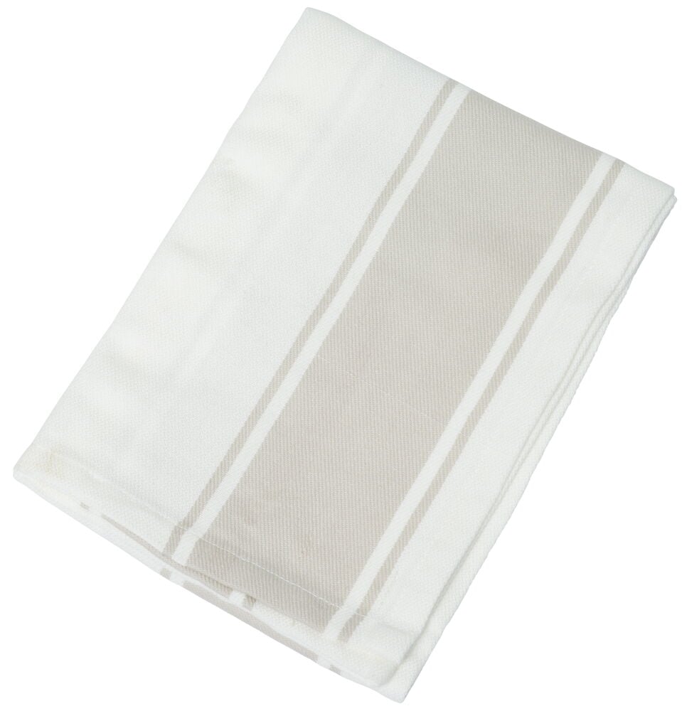 Beige Baumwoll-Küchentuch mit Streifen.