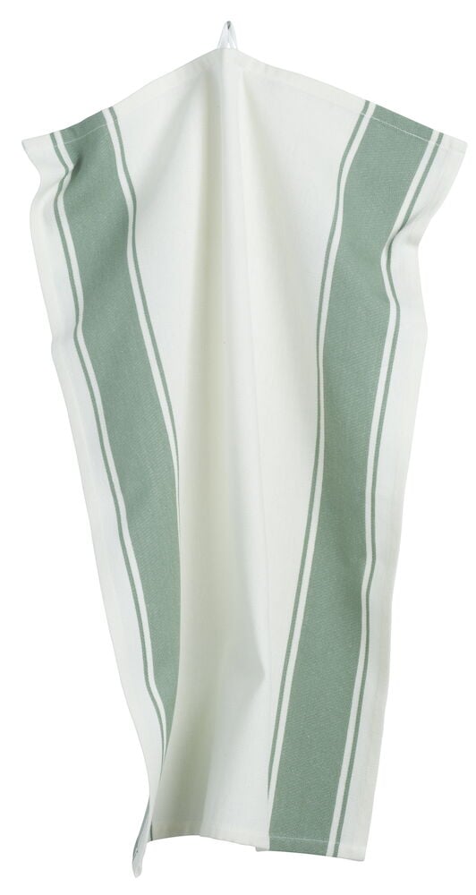 Vit kökshandduk med gröna ränder hängande.