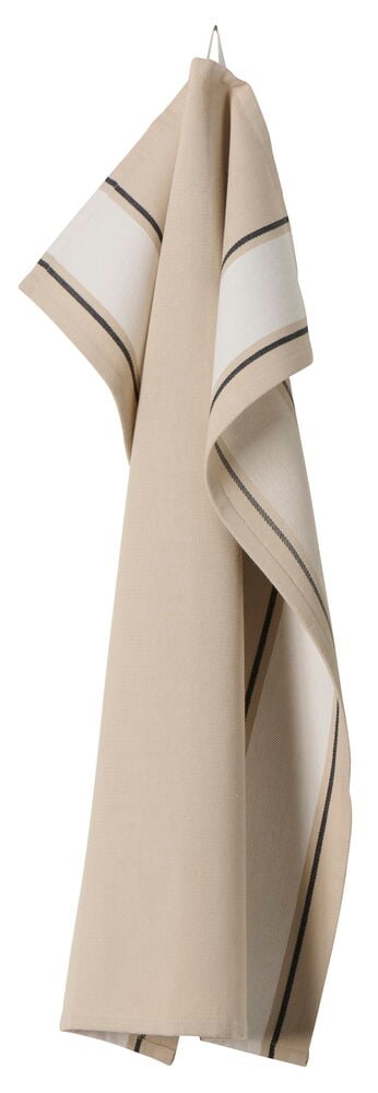 Beige kökshandduk med bruna ränder hänger ner.