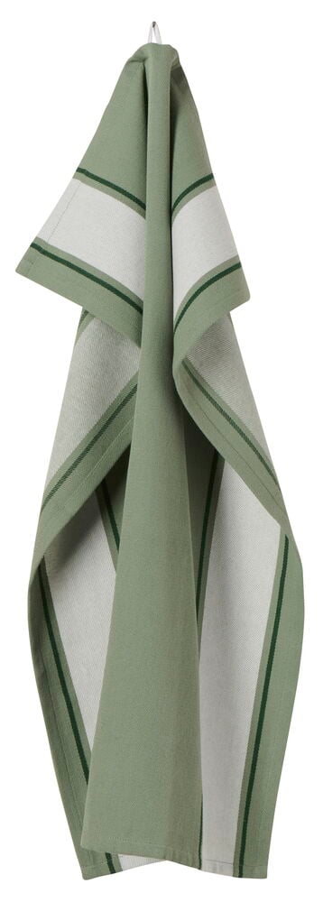 Grön och offwhite kökshandduk hängande på en krok.