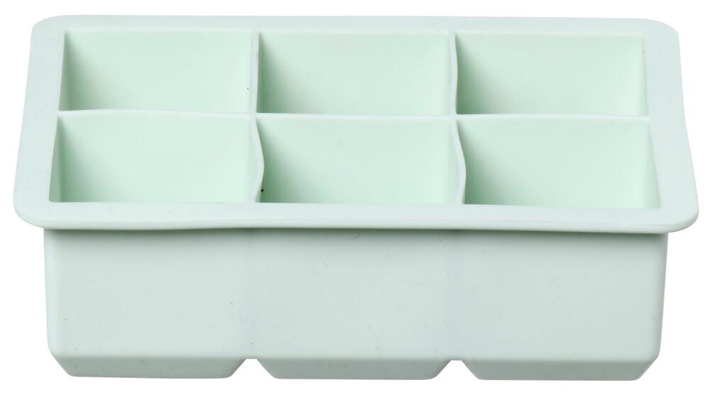 Vaaleanvihreä silikoninen jäämuotti, jossa on kuusi suurta lokeroa.
