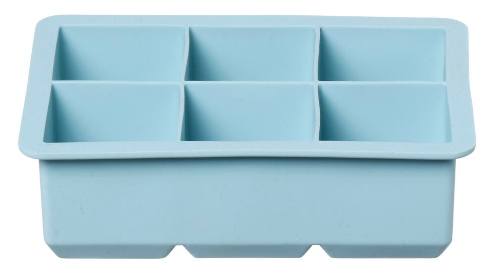 Vaaleansininen silikonijäämuotti, jossa on kuusi suurta lokeroa.