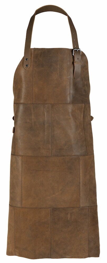 Ruskea nahkaesiliina säädettävällä kaulahihnalla.