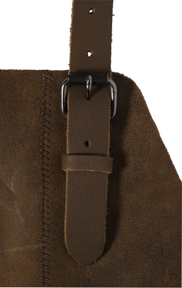 Ruskea nahkaesiliina, jossa säädettävä niskahihna.