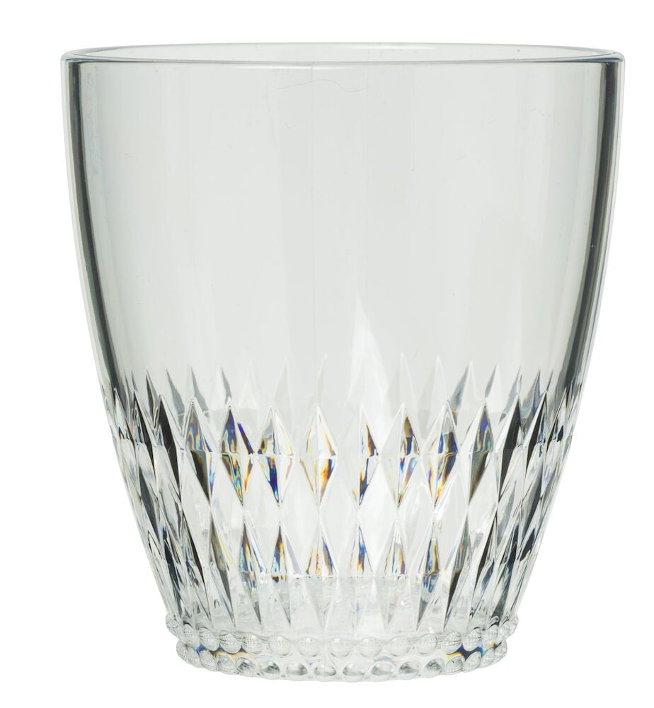 Genomskinligt plastglas med diamantmönster på nedre delen.