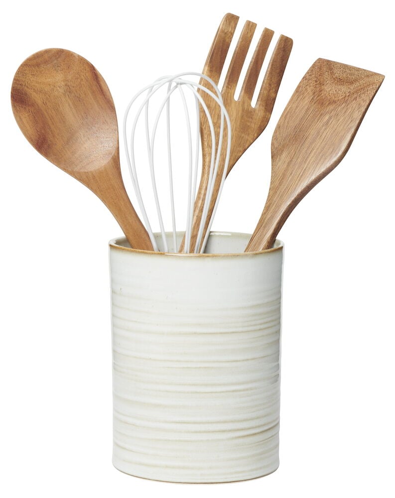 Keraaminen välinepidin, jossa puiset välineet ja vispilä.