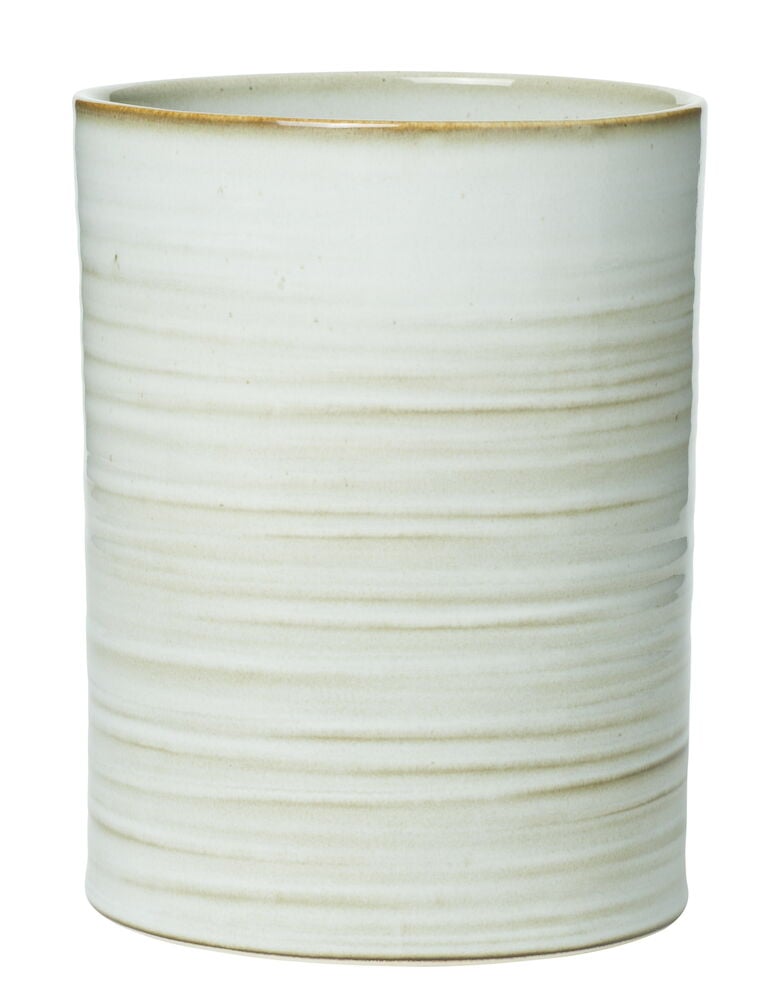 Dyynevalkoinen sylinterimäinen keramiikkapurkki.