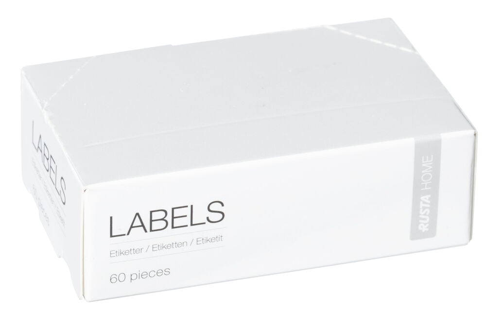 Valkoinen laatikko, jossa on etikettejä merkitsemiseen, kuusikymmentä kappaletta.