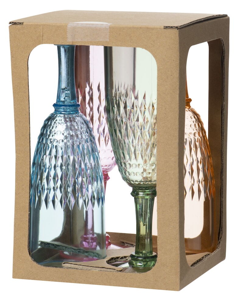 Fyra champagneglas i blandade färger, dekorativ plast.
