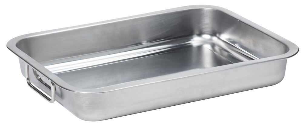 Rektangulær ovnsform i rustfritt stål med håndtak.